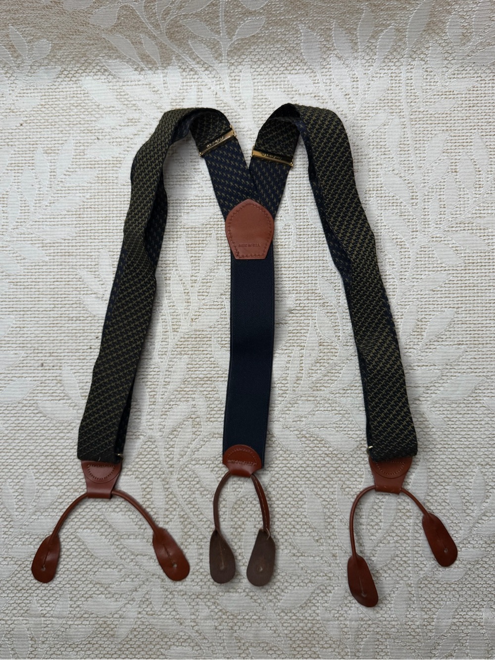 Vintage Pelican Navy & Gold Patterned Leather-Tab Suspenders